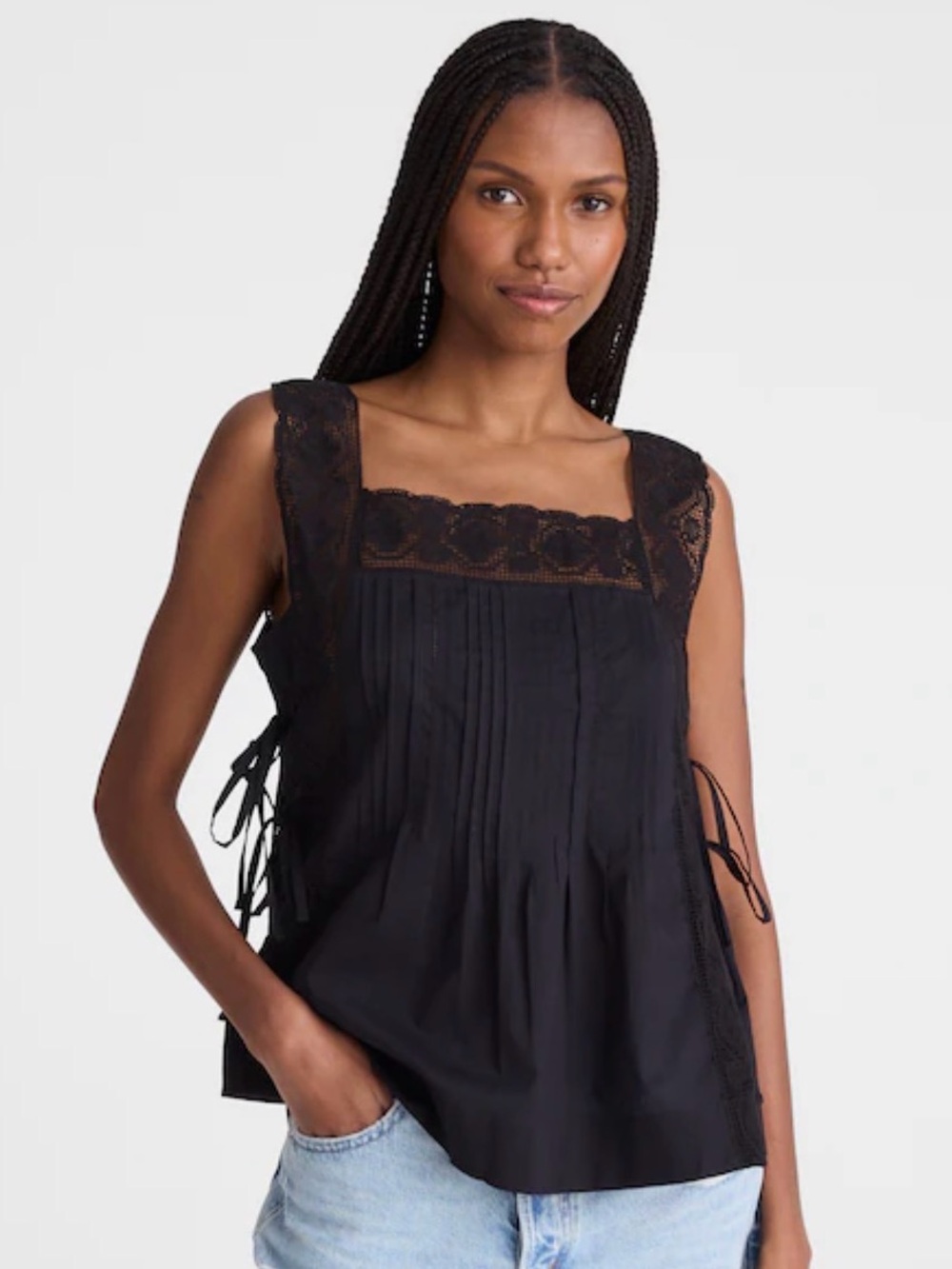 New Madewell The Sophie Top Black Lace-Trim Square Neck Tank Top